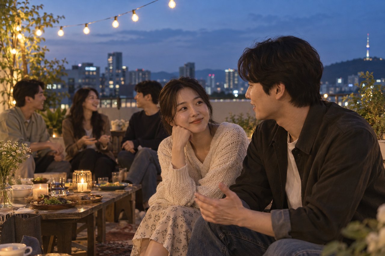 모임에서 말 없는 연인과 함께 있을 때 챙길 점 — AI 연출 이미지